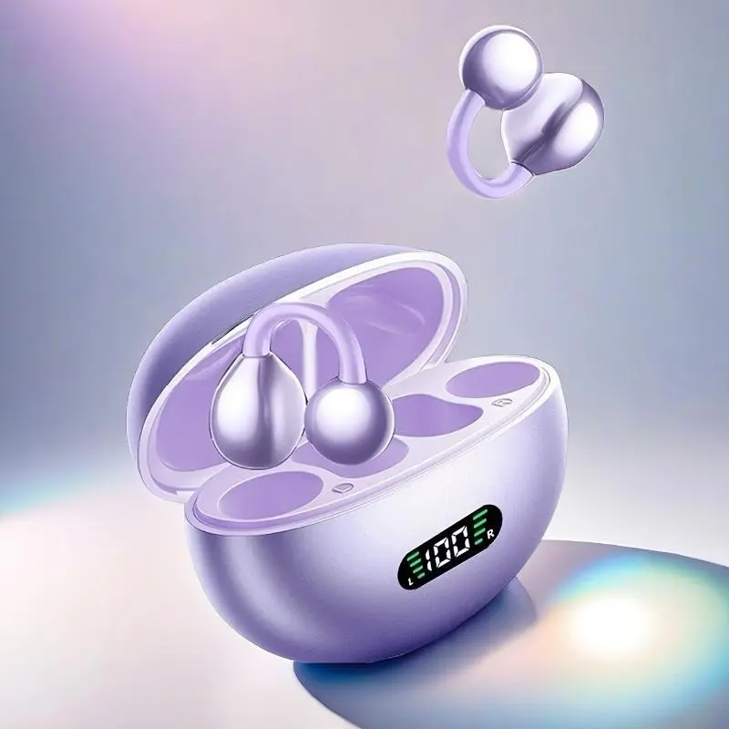 MOKATA 2026 Bluetooth Enhanced Open-Ear Headphones, Wireless Headphones with Dolby Audio, Noise Cancellation, Built-In Mic, IPX5 Waterproof, All-Day Comfort, USB Rechargeable Purple Cable Plastic Port Electronic Earbuds