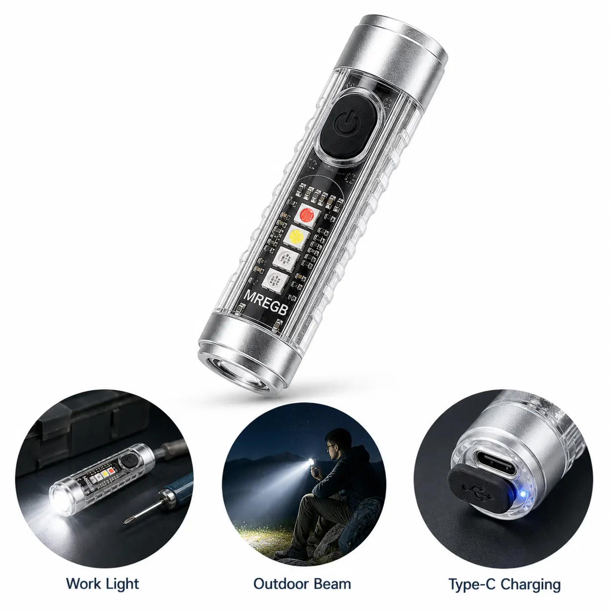 MREGB Rechargeable LED Flashlight - Lightweight Mini EDC Keychain Work Light with Magnetic Base, High Lumen, Multifunctional RGB Color Changing Sidelight, UV Lamp, IPX4 Waterproof
