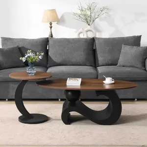 Luxury Nesting Coffee Table Set with Curved Base Modern Living Room Table Set of 2 Include Oval Coffee Table and End Table for Living Room Bedroom,Black Walnut
