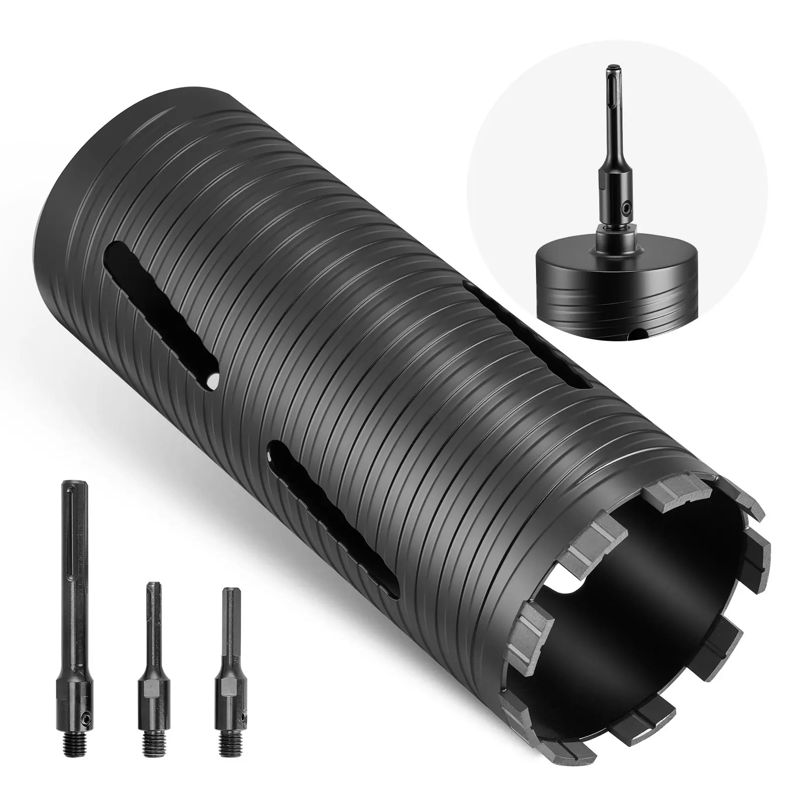 【DealsForYouDays】VEVOR Core Drill Bit, 4-1/4 inch Diameter, 9-1/2 inch Drilling Depth, 5/8-11 Internal Thread, Diamond Dry Coring Bit with 3 Adapters, Pilot Drill and Hex Wrench, for Concrete, Red Bricks, and Masonry Power Tool