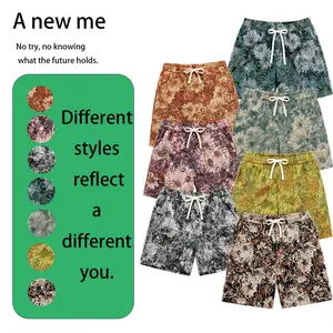 Men’s casual beach shorts with vintage floral pattern; vintage textured casual shorts; drawstring shorts