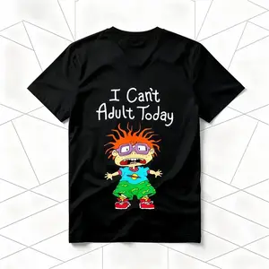 "I Can't Adult Today" Rugrats Cartoon American Retro Black Short-Sleeved Unisex T-Shirt, Nostalgic 90s Character Graphic, Casual Streetwear for Cartoon & Meme Enthusiasts, Unique Quirky Pop Culture Fashion Statement Piece Game funny crewneck menswear Fab