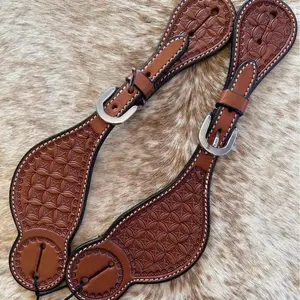 Pair Adult Size Western Floral Tooled Top Grain Leather Spur Straps