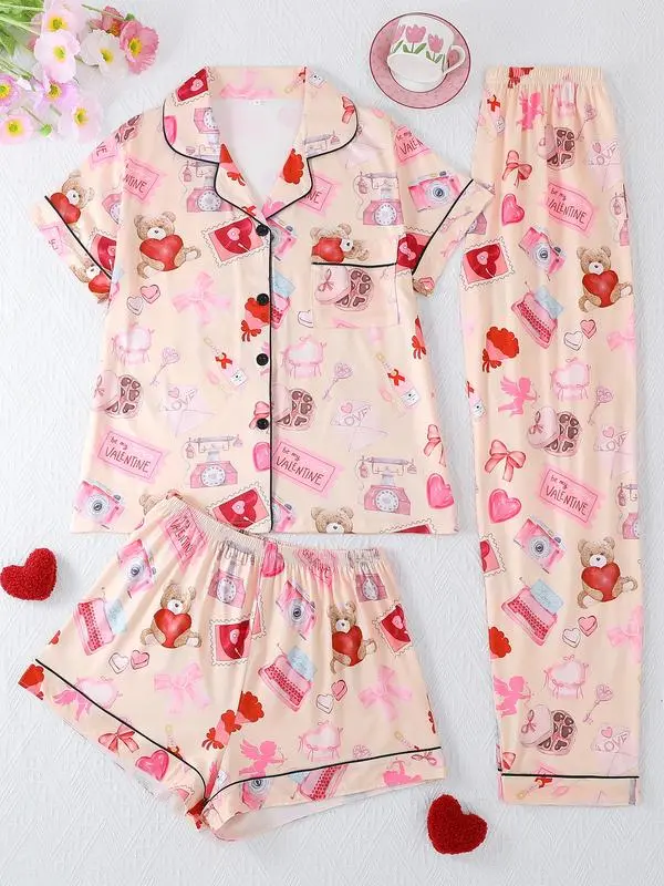 Women's Sleepwear Set, Button Front Short Sleeve Top & Loose Comfortable Shorts/pants, Casual Heart Teddy Bear Pattern, All Seasons,Valentine's Day, Pajama Set
