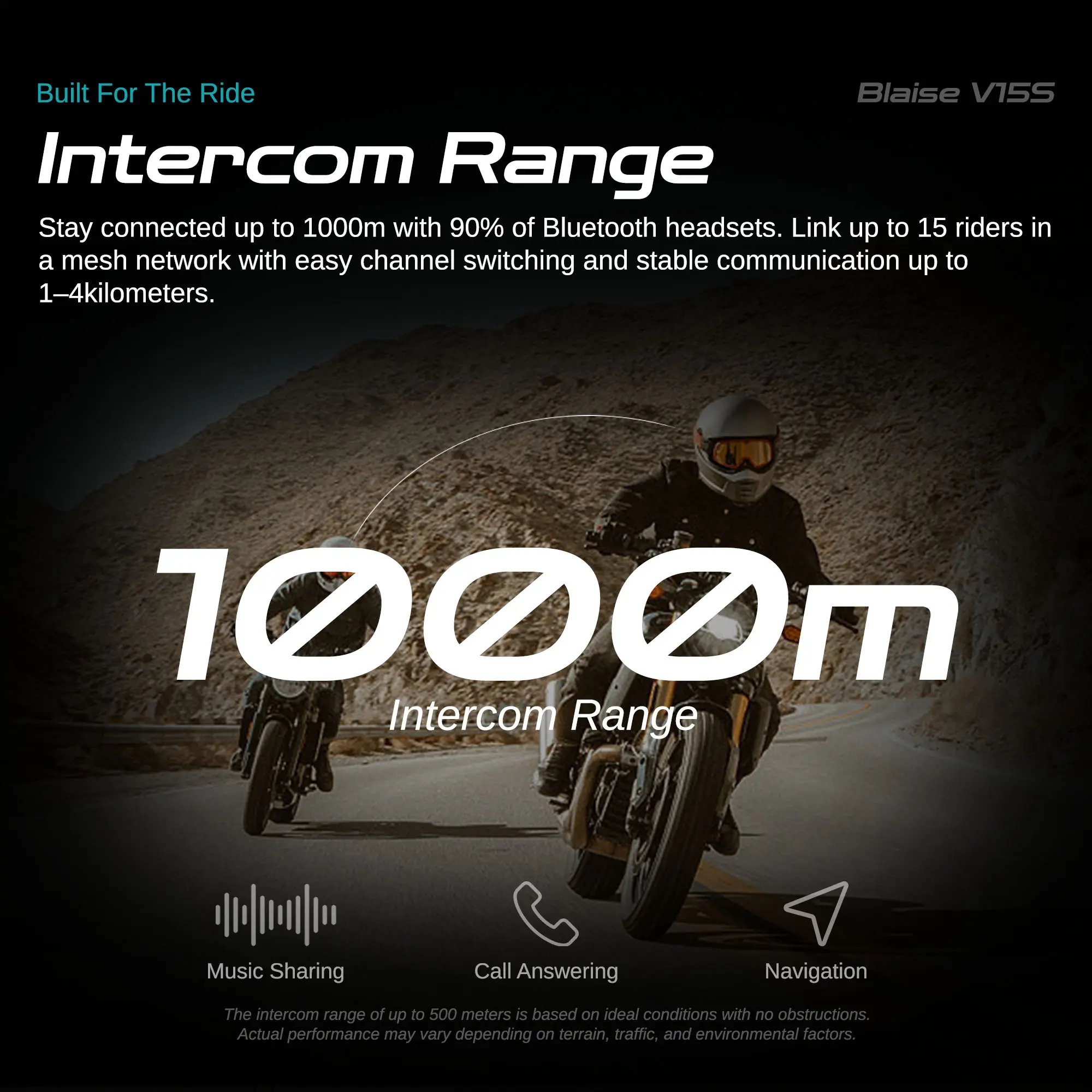 Blaise V15S Motorcycle Bluetooth Headset, 15-Rider MESH Intercom
