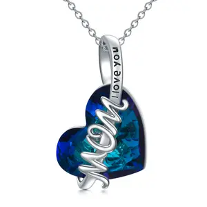 Heart Blue Crystal & “Mom I Love You” Pendant Necklace - 926 Silver Engraved, Rhodium-Plated Chain 18+2 Inches