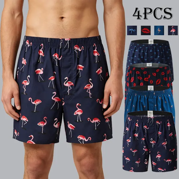 Women's 4PCS Cotton Boxer Shorts - 4pcs:small flamingos&flamingos&palm trees&red lips Prints, Minimalist Chic Style, Smooth, Loose-Fit, Breathable Pajamas, Elastic, Lounge Settings Essentials, Hand Wash Recommended, Tropical Hawaiian Basics
