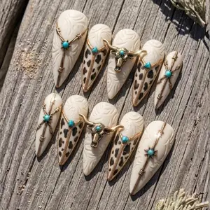 3D Bull Skull Turquoise Western Press On Nails Embossed Leather Southwestern Stiletto Nail Set for Holiday, Birthday