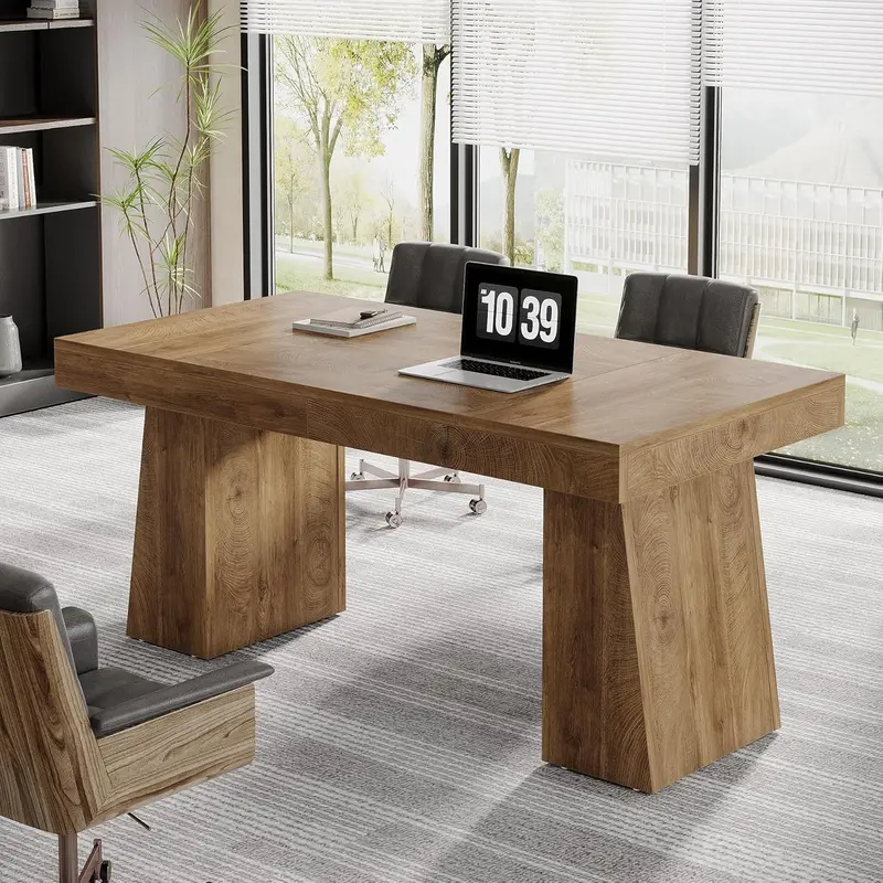 LITTLE TREE 55 Inches Executive Desk, Mid-Century Modern Home Office Desk with Double Trapezoid Base, Wood Computer Desk Business Workstation Desk Small Conference Table(2.0 have drawers)