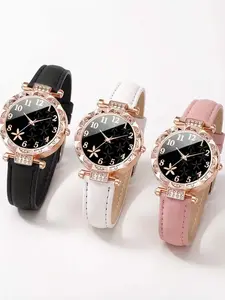 3/4 piece women's diamond studded dial PU leather strap quartz wristwatch women's bracelet set Glamour Set
