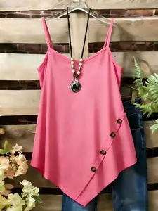 Women's Casual Asymmetrical Hem Solid Color Button Decor Adjustable Strap Top, Comfortable and Stylish Ladies' Clothing, Perfect for Daily Wear