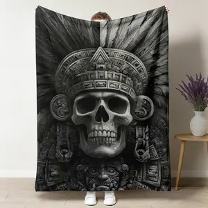 Aztec Skull Carving Maya Aztec Feathered Serpent Soft Flannel Blanket - Warm Cozy Throw for Bed Couch Native American Inspired Flannel Blanket
