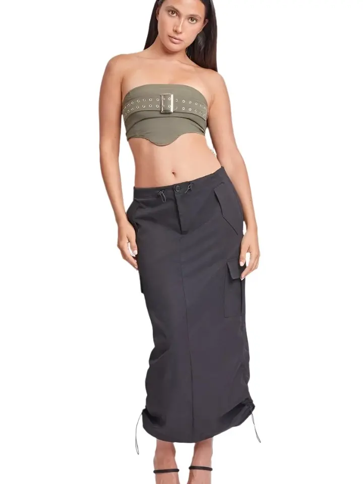 YMI Jr. Women's Parachute Cargo Midi Maxi Skirt Set with Crop Top, Polyester Lightweight Fabric, Bungee Ruched Design, Button, Pockets, Slit, Fitted, Casual, All Seasons Basic Minimalist Bottoms