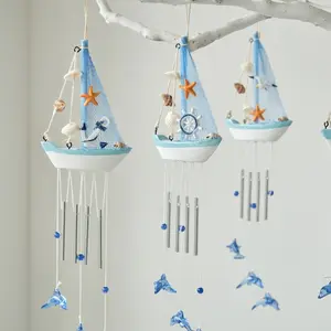 Mediterranean Style Creative Wind Chime Sailboat Home Decor, Wooden Sailboat Model, Small Wood Ship Hanging Ornament, Unique Furniture Accessory