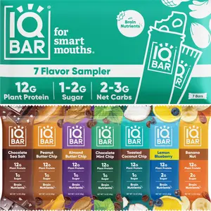 IQBAR 7 Flavor Sampler Pack - 7 Plant Protein Bars in All Different Flavors - Protein Packed Snack with Brain Nutrients 12G Plant Protein 1-2G Sugar 2-3G Net Carbs