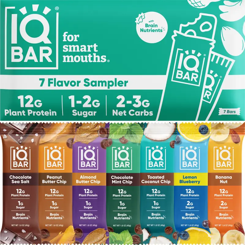 IQBAR 7 Flavor Sampler Pack - 7 Plant Protein Bars in All Different Flavors - Protein Packed Snack with Brain Nutrients 12G Plant Protein 1-2G Sugar 2-3G Net Carbs