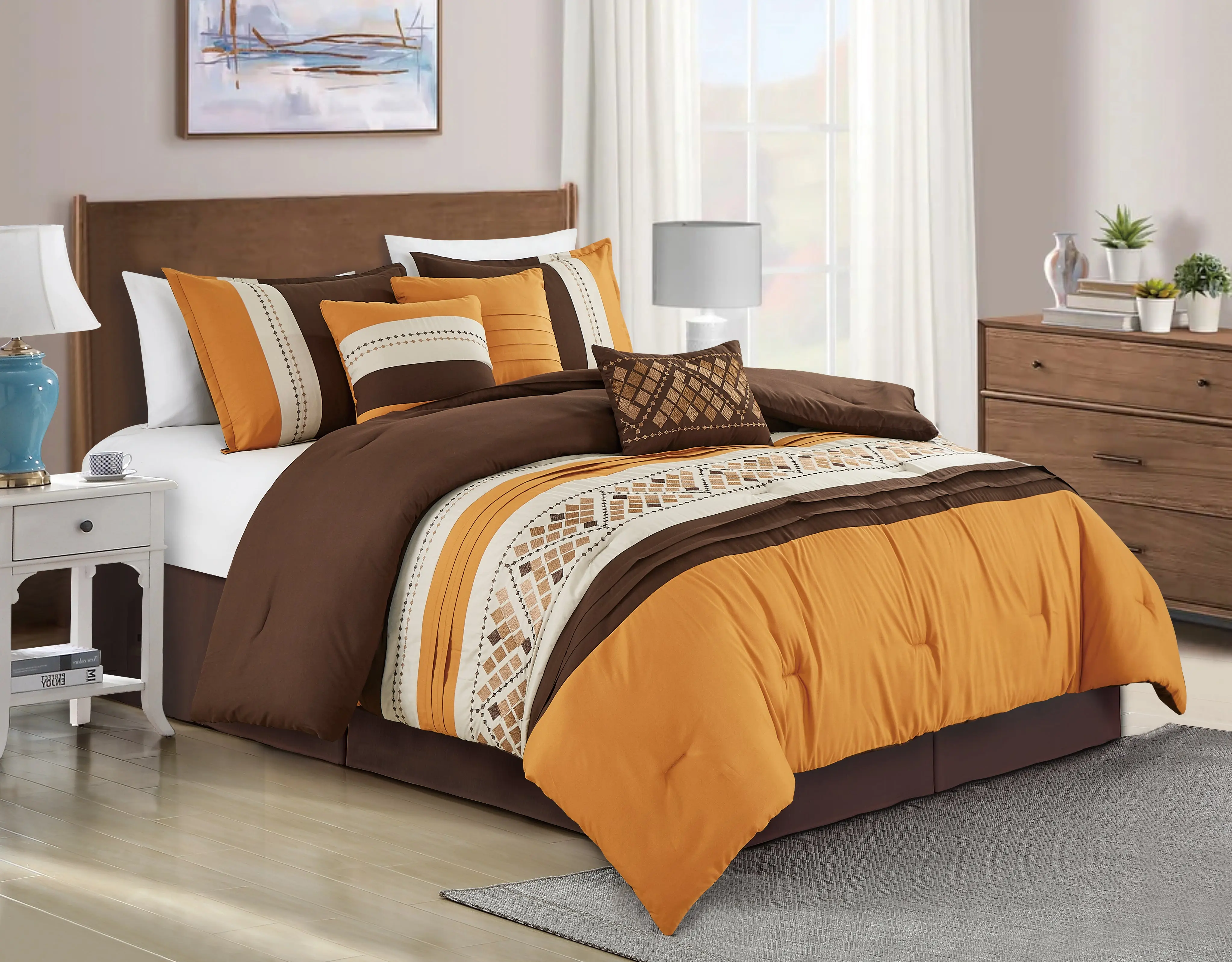 Maple 7-Piece Geometric Embroidery Pleated Striped Comforter Bedding Set