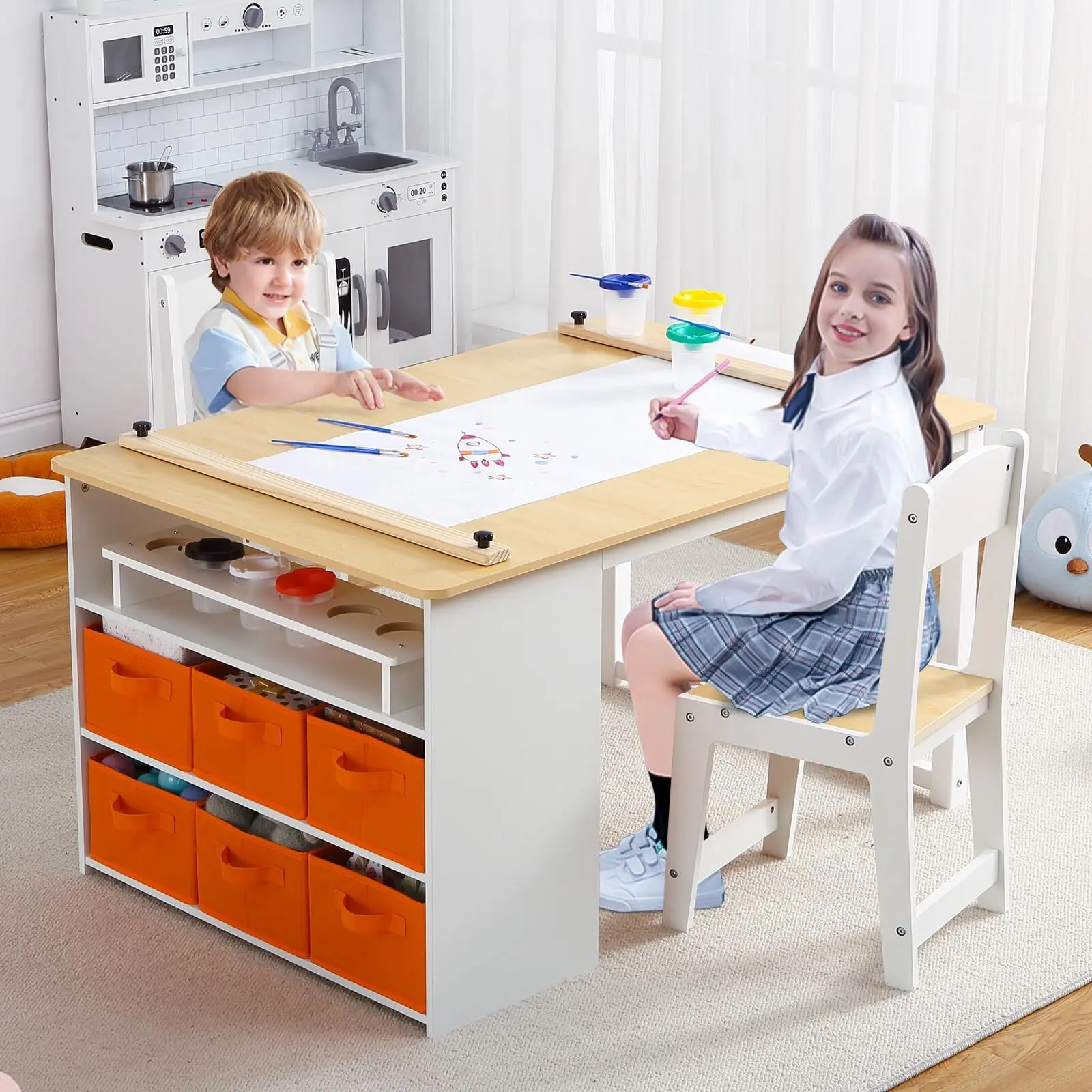 Wooden Kids Art Table & Chairs Set with Storage Desk + Portable Organizer - Creative Activity Table for Drawing, Painting & Learning Multifunctional Children's Furniture