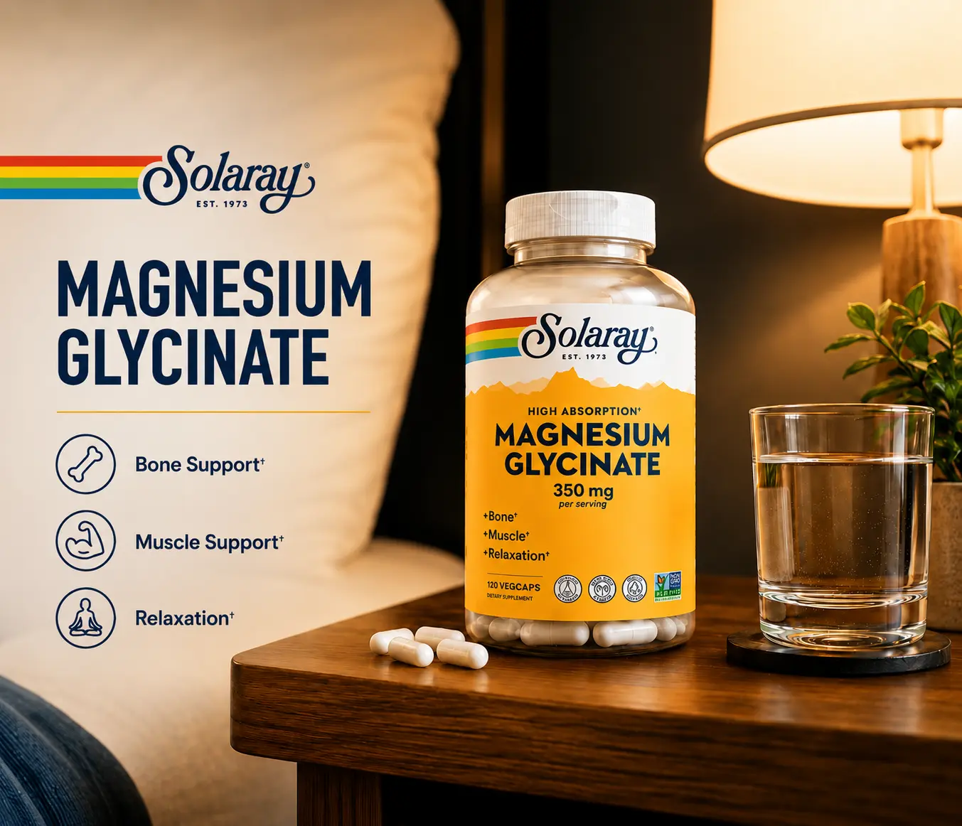 Solaray Magnesium Glycinate 350mg 120ct & 240ct — Chelated Mag for Sleep + Bone Solaray Magnesium Glycinate 350mg 120ct & 240ct — Chelated Mag for Sleep + Bone
