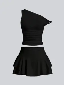 Women's Knotted Shoulder Asymmetrical Ruffled Neckline Vest Top & Slim Fit Two-Tiered Flounce Skirt Set - Effortlessly Elegant, Chic and Comfortable for Beach Days and Casual Outings