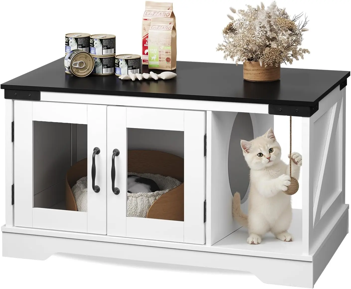 WLIVE Cat Litter Box Enclosure, Hidden Litter Box Furniture with Cat Teaser, Fit Most of Litter Box, Farmhouse Indoor Pet House, Coffee Table, End Table for Living Room, Black