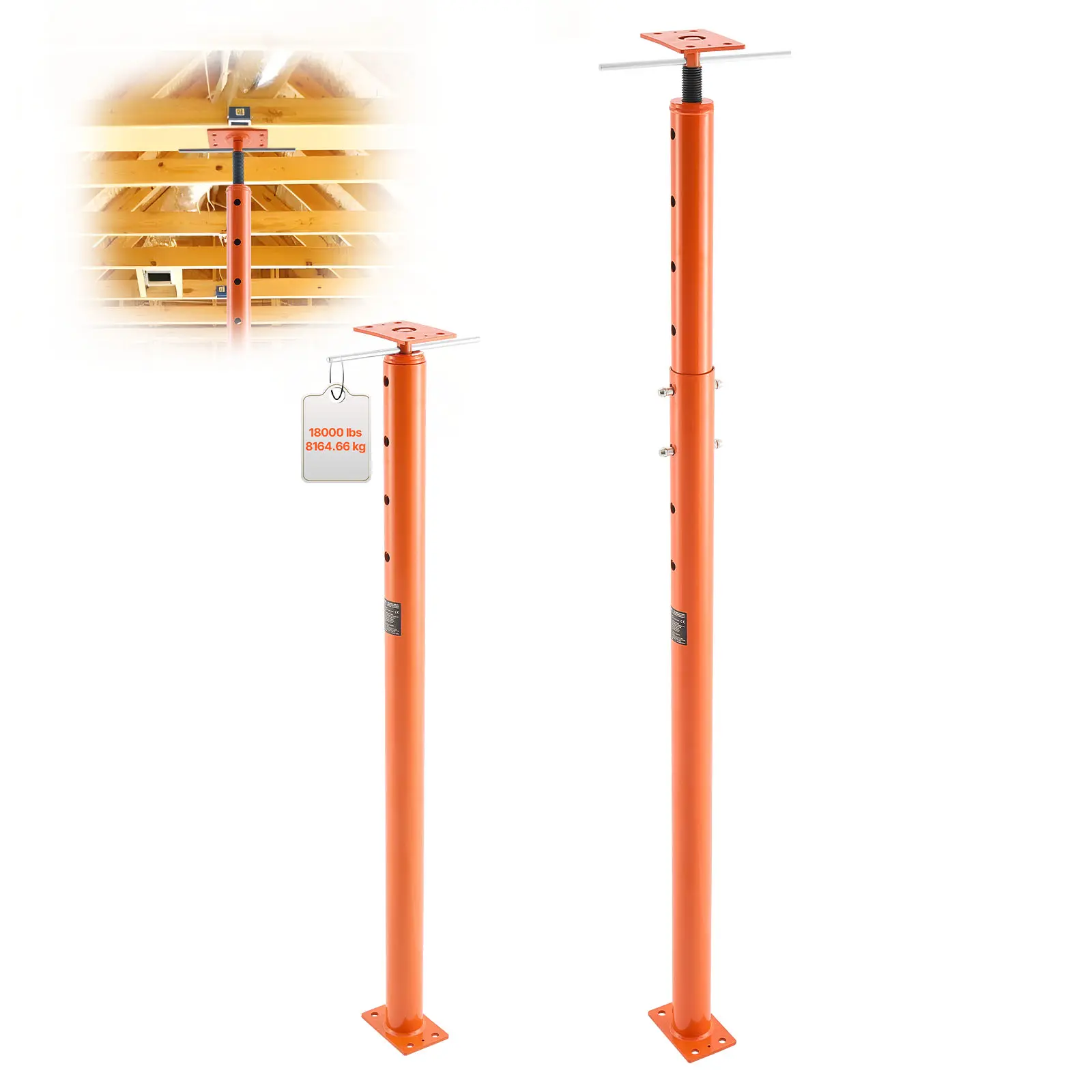 VEVOR 2-Pack Steel Telescoping House Floor Jacks, 53-93 in Adjustable Height, 18000 lbs Max Load, Integrated Welded Base Plates, Lever Handle, 4 Lock Pins, 2pack for Projects, Inches/mm Compatible Temporary Construction Lifting Support