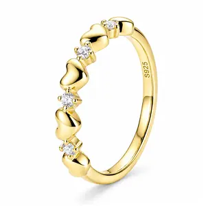 14K Gold Plated Heart Stackable Ring for Women, 925 Sterling Silver CZ Promise Ring, Hypoallergenic Lightweight Minimalist Band for Everyday Wear, Work, Party, Wedding, Date Night & Vacation, Trendy Jewelry Gift for Her Sizes 5/6/7/8/9