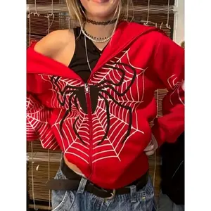 Y2K Spider Print Zip Up Hoodie, Long Sleeve Hoodies Sweatshirt, Women's Clothing Collar Fabric Tops CasualGFTI1GIFT1Gift