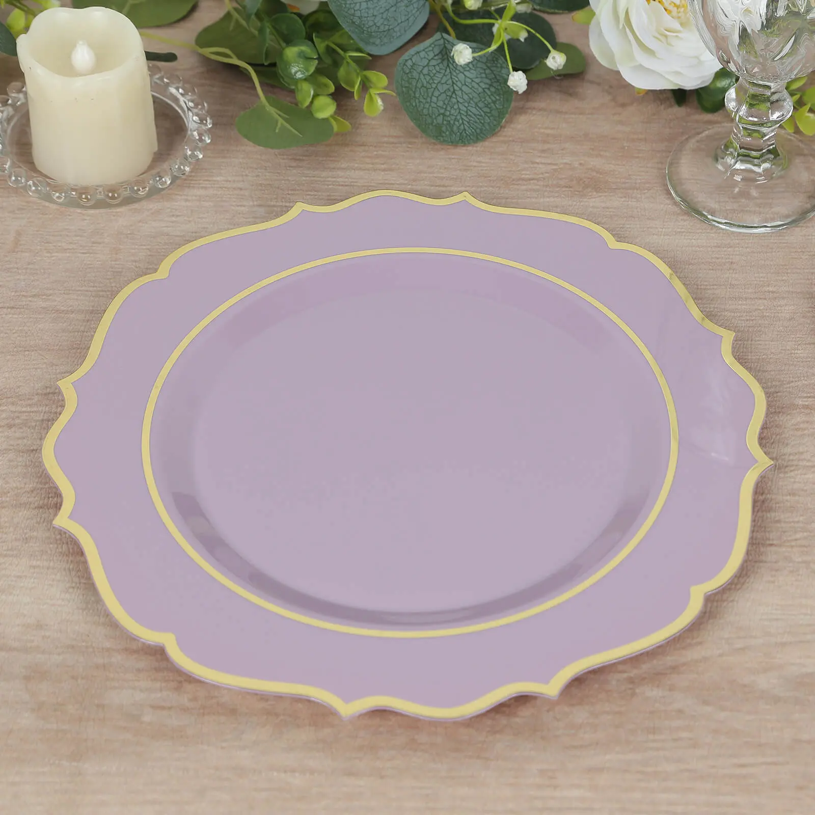 Disposable Round Plates, 10-Pack 10 in Lavender Lilac Plastic Plates with Gold Scalloped Rim - Ideal for Wedding & Party Supplies, 10 Inches