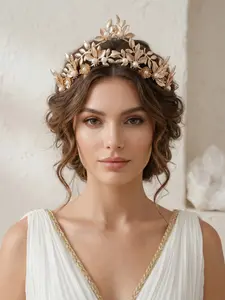 Vintage Gold Leaf Pearl Bride Crown, Elegant Handmade Flower Hairband, Wedding Party Goddess Photo Headpiece