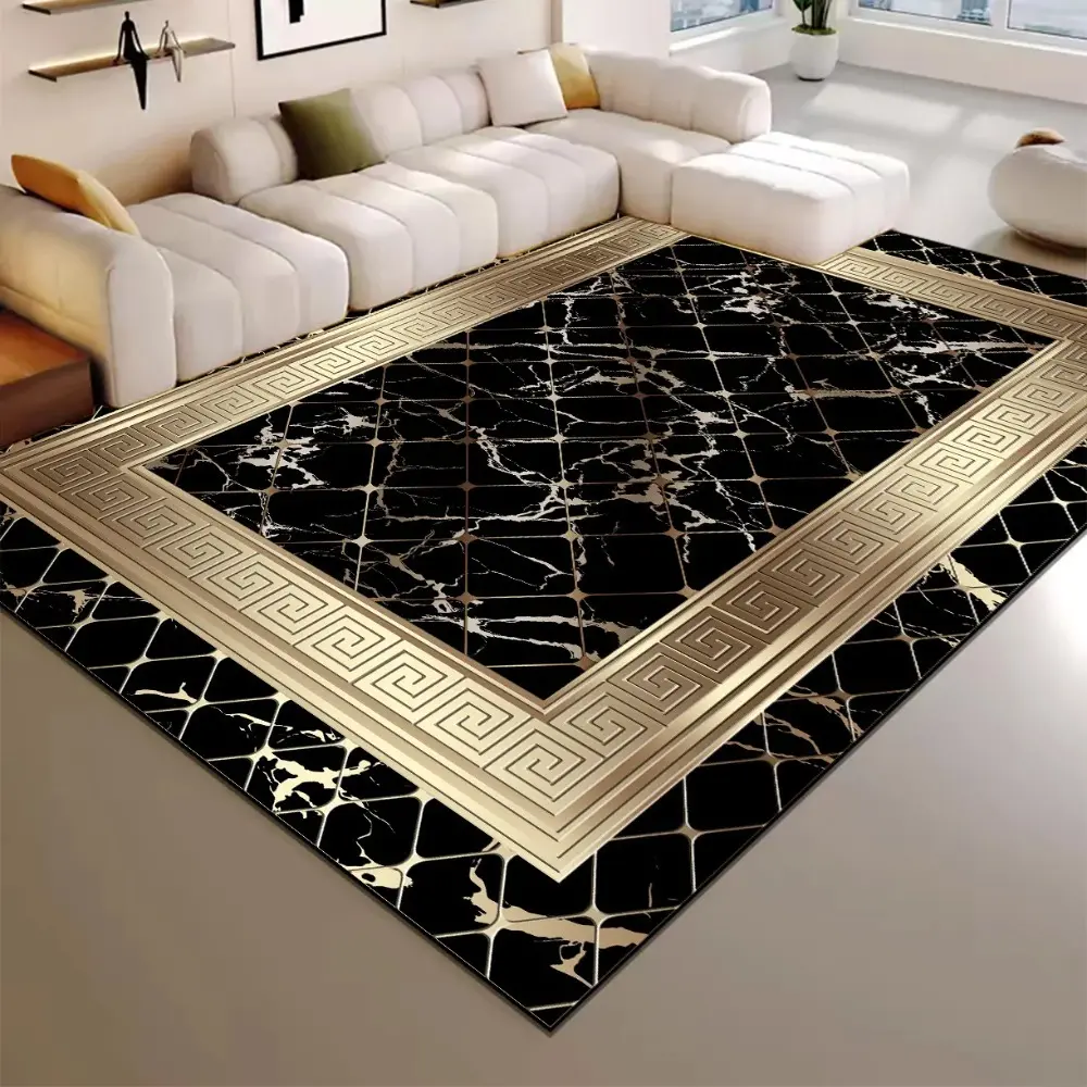 Luxury Black Marble with Gold Greek Key Border Flannel Area Rug, Geometric Area Rugs - Classic Geometric Frame Print Soft Mat for Living Room & Bedroom, Non-Slip Home Decor, Decorative Rug