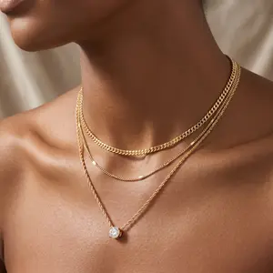 Layered Gold Necklace for Women, Dainty 14K Gold Plated Pendant Necklace Set Tarnish-resistant, Chunky Stackable Cuban Chain Choker for Everyday Wear, Elegant Trendy Birthstone Vacation Jewelry Gift summerwins
