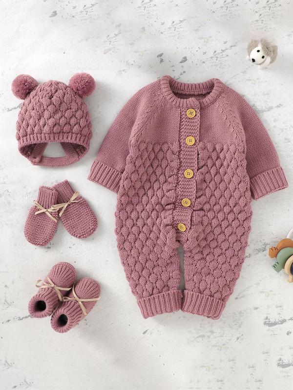 Baby's Button Front Sweater Jumpsuit & Pom Pom Decor Baby Bonnet & Bow Decor Mittens & Knit Baby Shoes Set, Cute Onesies Set for Newborn Infant Kids, Newborn Gift Set, Baby Clothing