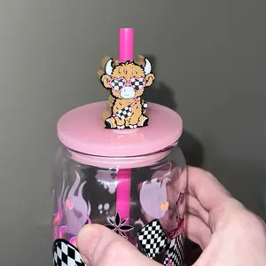 Checkered Highland Cow Straw Topperand Sunglasses Design for Fun Drinks