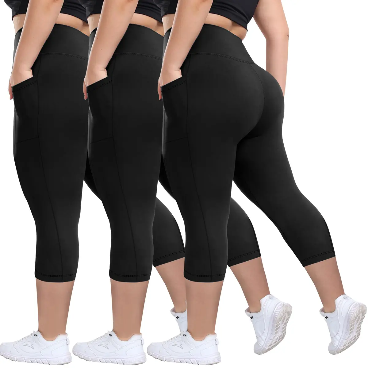 Women's Plus Size 3-Pack High Rise Deep Pocketed Capri Leggings - High Stretch Elastane, Casual Comfy Breathable Minimalist Basics, Gym & Work Bottoms, Fitted Lightweight Plain, 1XL, Sporty Chic Fitness Summer Bottoms, Female