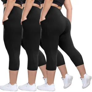 3 Pack Plus Size Plain Pocket High Waist Capri Leggings, High Stretch Leggings, Casual Comfy Breathable Skinny Capri Pants for Daily Wear, Women's Plus Bottoms for Summer, Workout Clothes