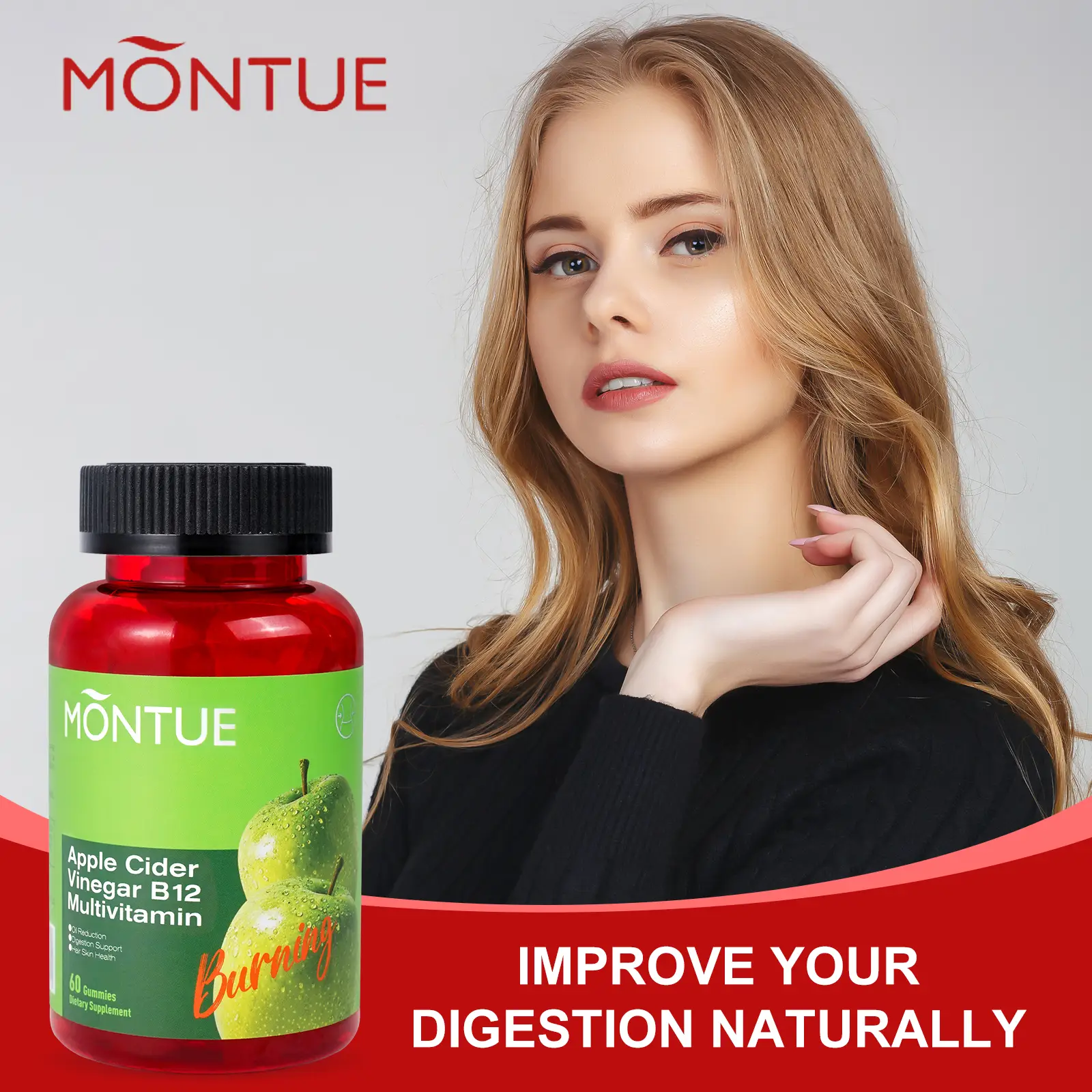 Montue ACV apple cider Vinegar gummies : A dietary supplement that helps gut health , promotes intestinal health, and supports digestion.Newellme ACV
