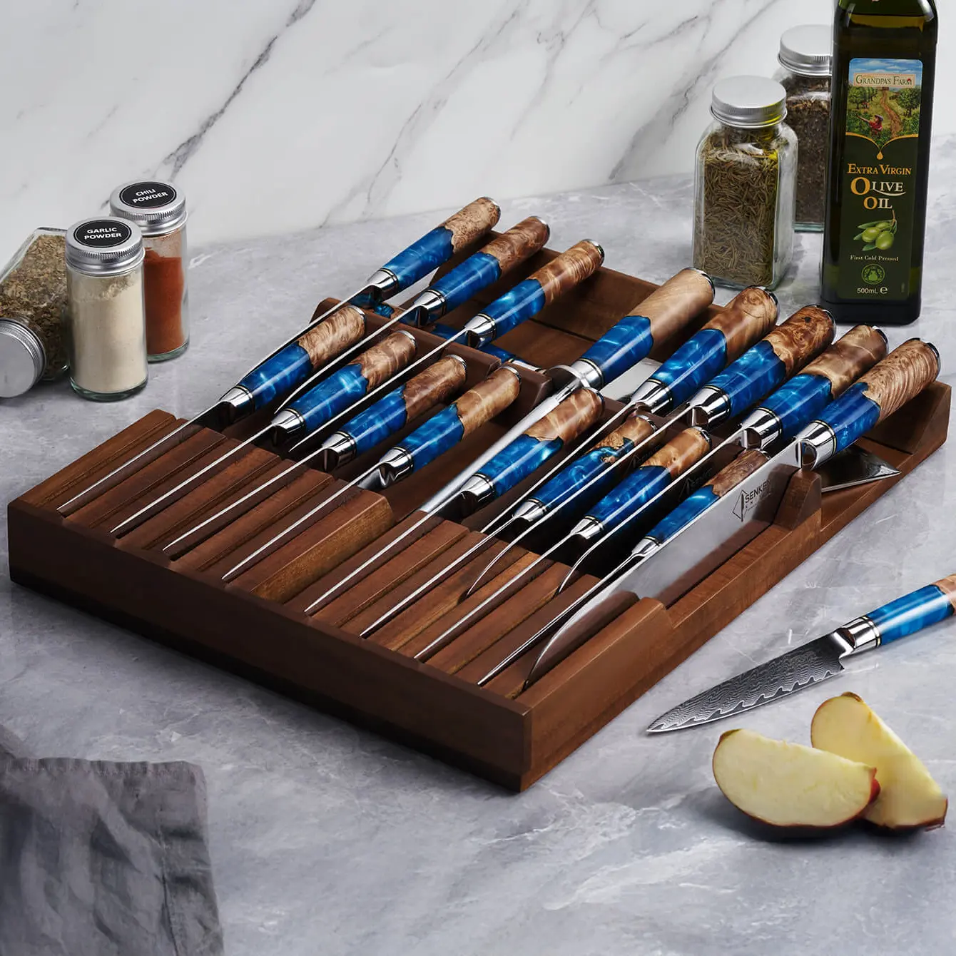 In-Drawer Knife Storage Block - Acacia Hardwood Knife Storage with 17 Slots