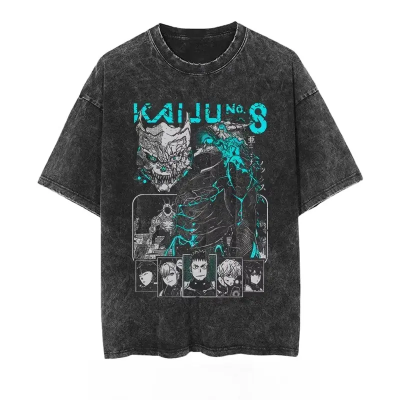 Men's Anime Style Tshirt with Retro Pop Culture Print, Casual Shortsleeve Top for Everyday Wear, Sport, Distressed, Menswear, Round Neck, Vintage, Graphic, Men's Kaiju No. 8, Festive, Fitted, All Seasons, Cartoon