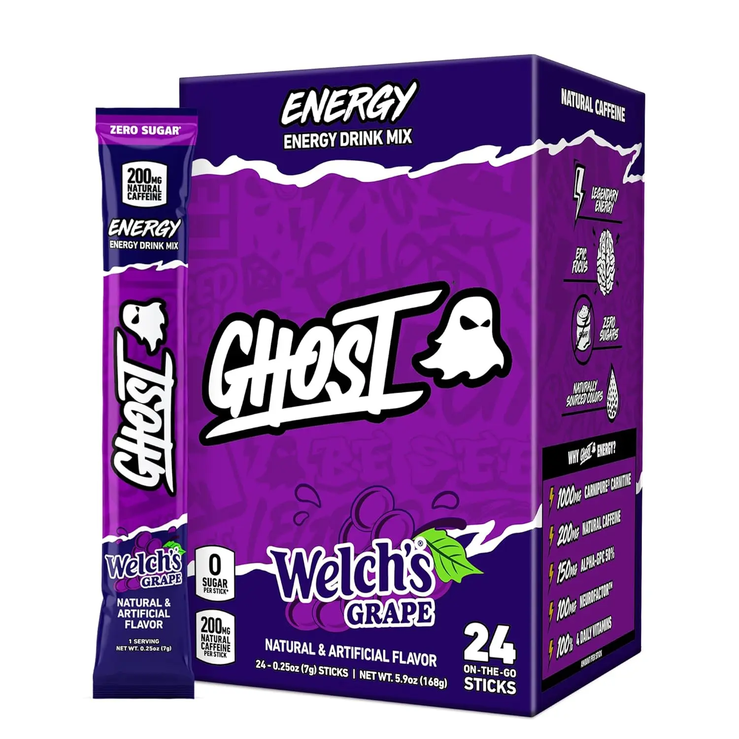 GHOST Sugar-Free Energy Drink Mix Packets, Welch's Grape Flavor, 24 Sticks - 200mg Natural Caffeine, 0 Sugars, Daily Vitamins, No Artificial Colors, Pre-Workout Sports Energy Drink Mix