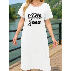 Women's black, white, and red casual T-shirt dress with “There is power in the name of Jesus” print, made from knitted fabric, suitable for all seasons. Fashionable and sexy summer loungewear designed specifically for wives and mothers. night gown women