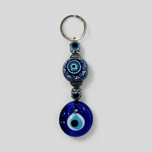 Evil Eye Nazar Boncuk Mal De Ojo Keychain with Handpainted Ceramic Ball - Blue Evil Eye