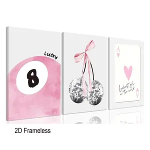 3-piece set of playful pink canvas wall art; trendy preppy-style disco No. 8 ball cherry-themed wall poster; perfect for decorating college dorms, girls' bedrooms, and living rooms; frameless