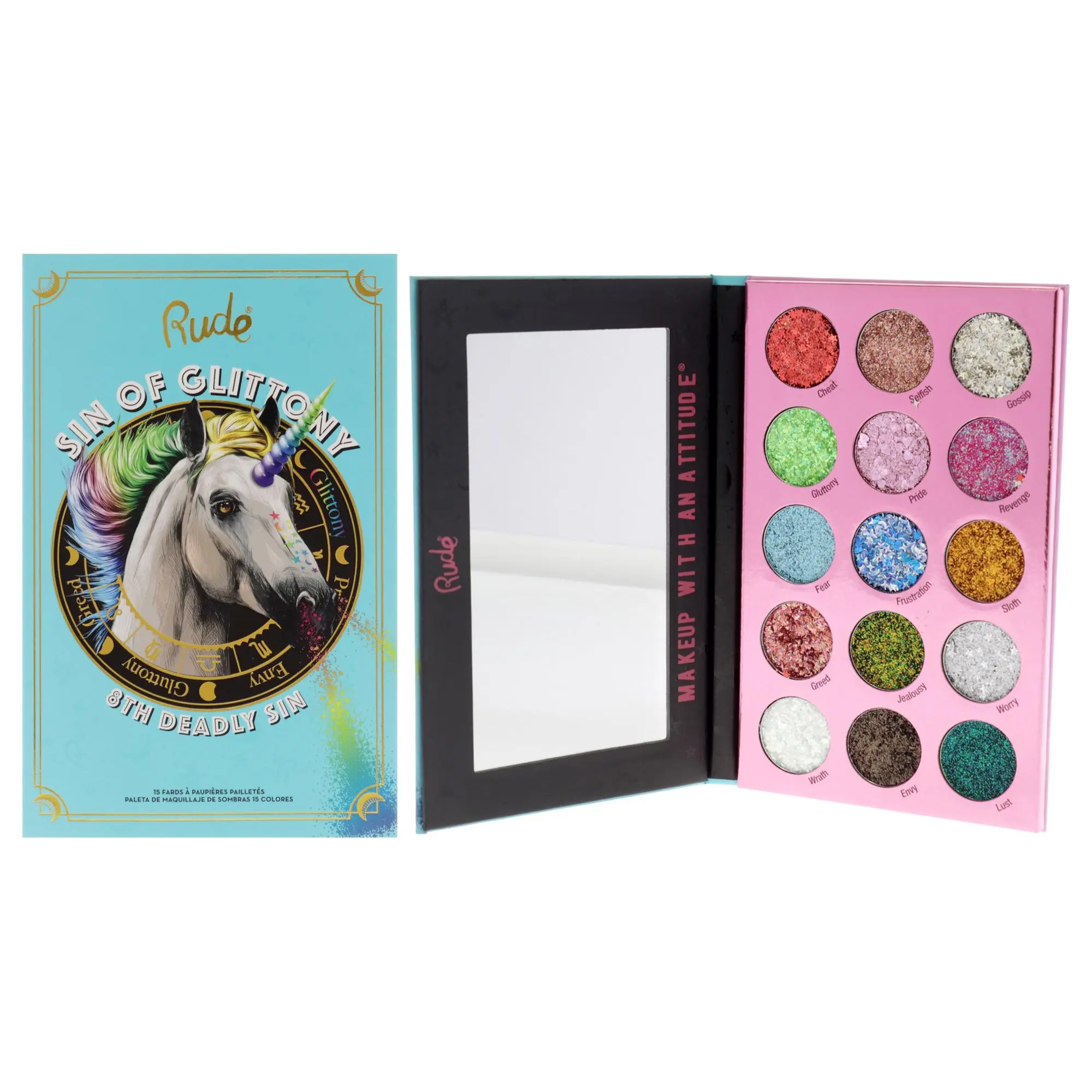 Rude Cosmetics Sin of Gluttony Glitter Eyeshadow Palette - Women's Compact, Vibrant Makeup, 0.634 oz, Bold Glamour Finish, 0.634Oz