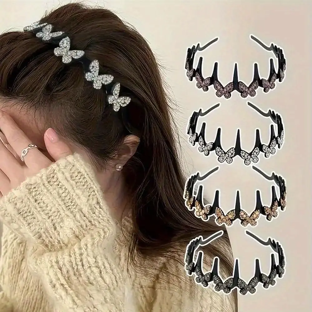 4pcs Butterfly Crystal Headbands for Women Non Slip, Wave Rhinestone Hair Headband