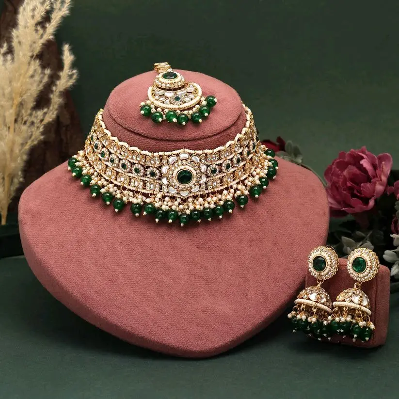 Handcrafted Choker with Earrings Tikaa Featuring Kundan Stones and Beads Metal Coating Elegant Jewelry Set for Stylish Outfits