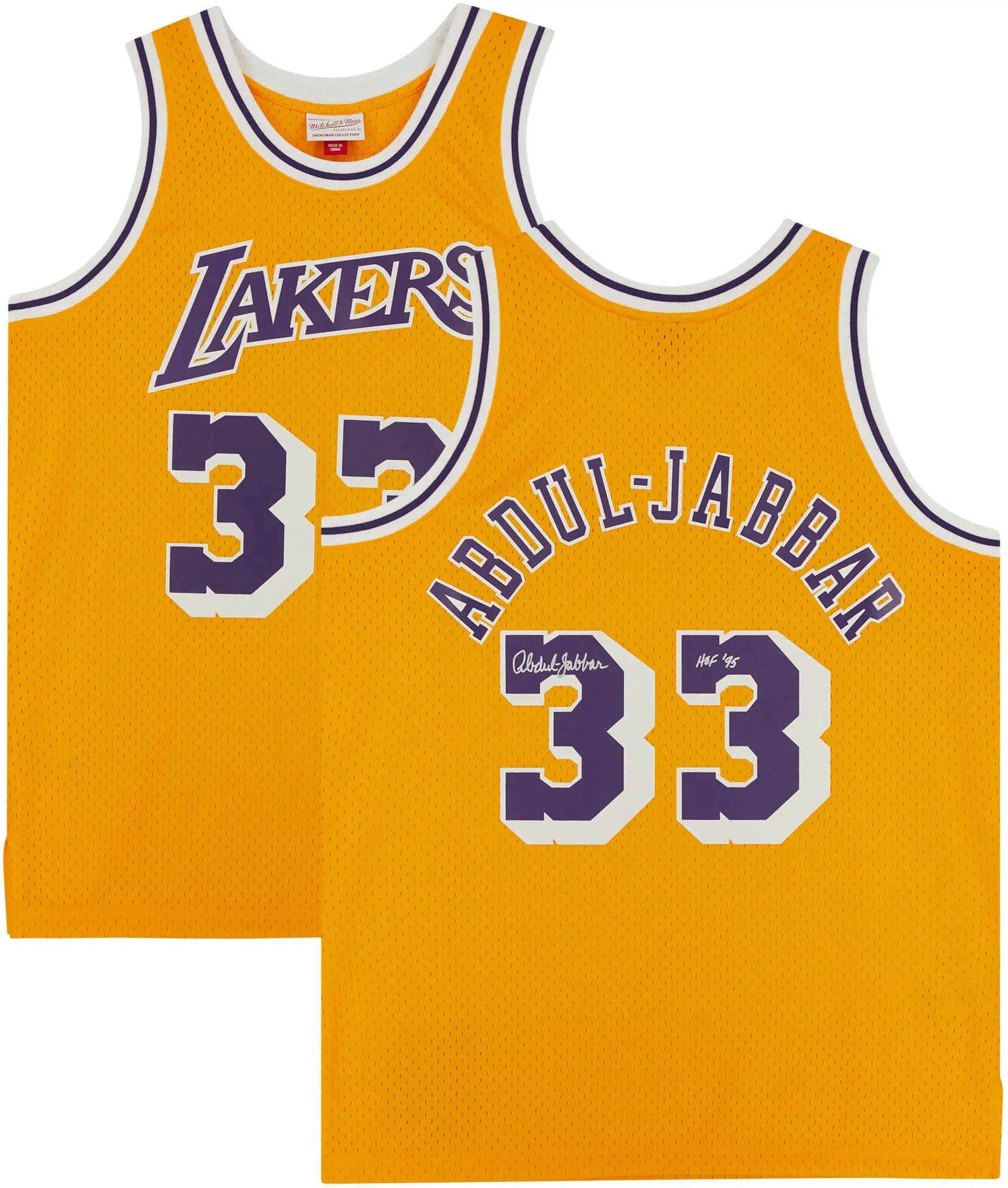 Kareem Abdul-Jabbar Los Angeles Lakers Autographed Mitchell & Ness Gold 1984-85 Swingman Jersey with "HOF 95" Inscription - Fanatics Authentic Certified - NBA Memorabilia