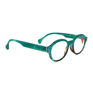 Citlalli, (Bling) Round Women Reading Glasses W (Blue Zircon, L. Colorado) Genuine European Crystals  (Green) Circle. NY Fifth Avenue