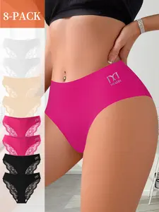 QUASTI 8 Packs Mid-Rise Sexy Briefs for Women, Contrast Lace Edge Sexy Panties Gifts for Woemen, Breathable Womenswear Comfort Thongs for Valentines Gifts, 4 Colors S-XXL