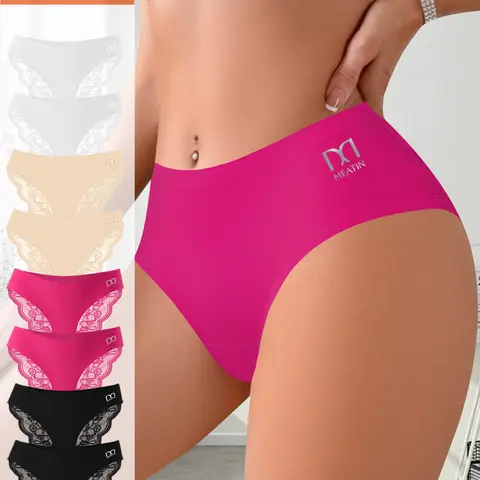 QUASTI 6/8/10 Packs Mid-Rise Sexy Briefs for Women, Contrast Lace Edge Sexy Panties Gifts for Woemen, Breathable Womenswear Comfort Thongs for Valentines Gifts,  S-XXL